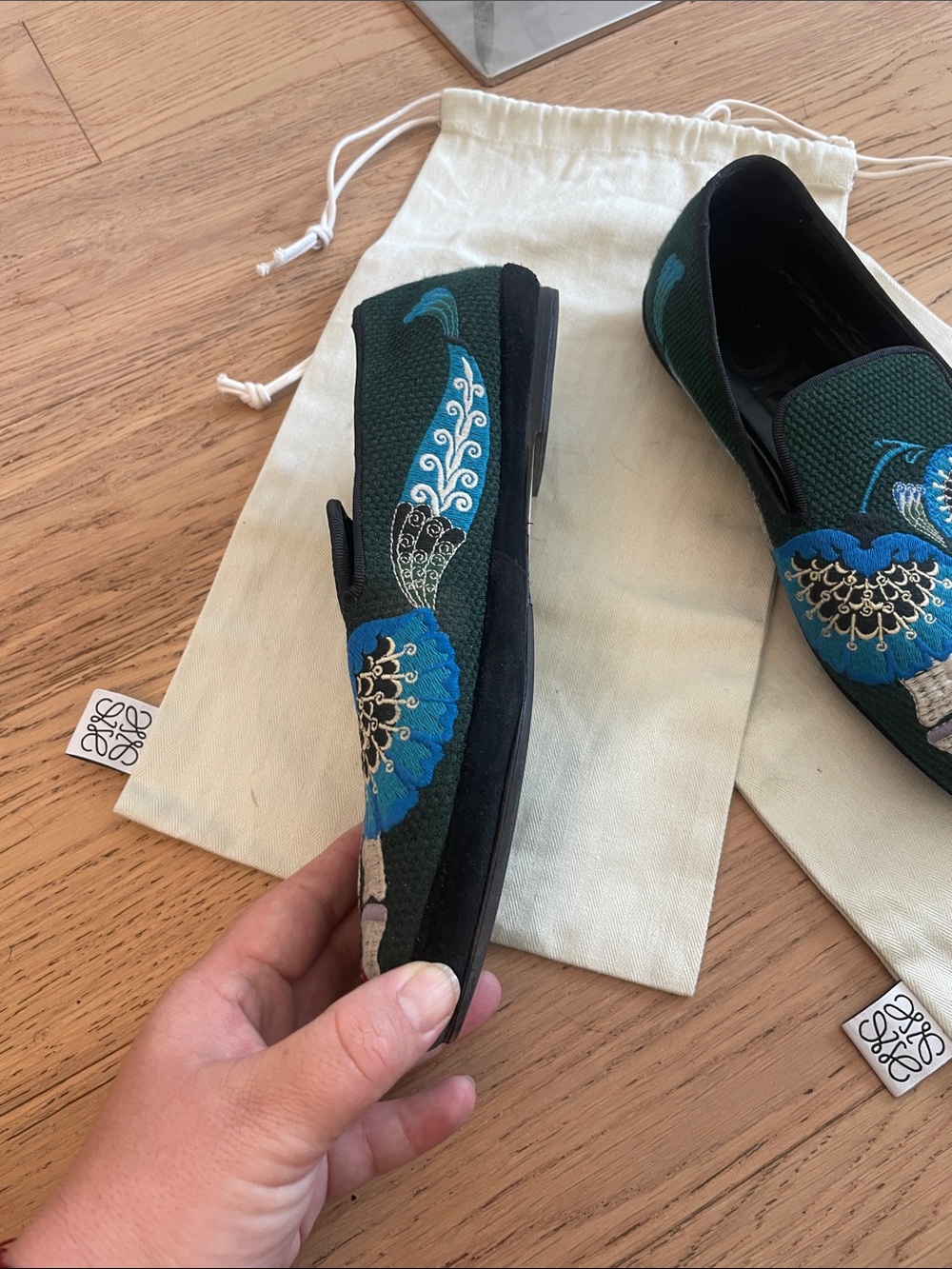 Loewe Embroidered Bone Crane Loafers Size 38 Green Velvet Luxury Flats - Picture 7 of 16